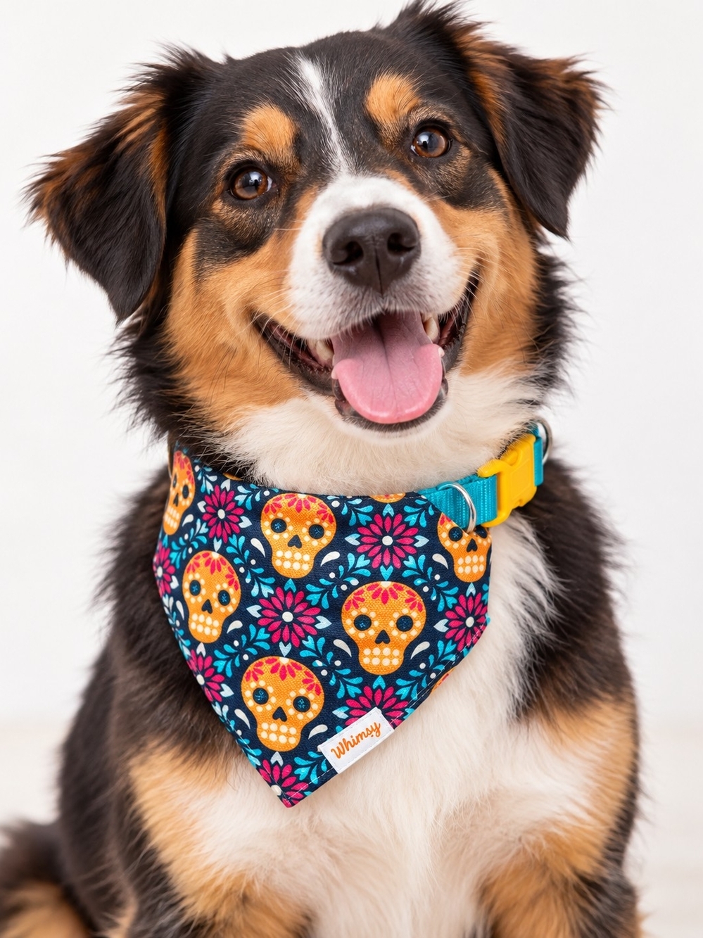 Teal Sugar Skull Dog Bandana Collar - Teal & Yellow